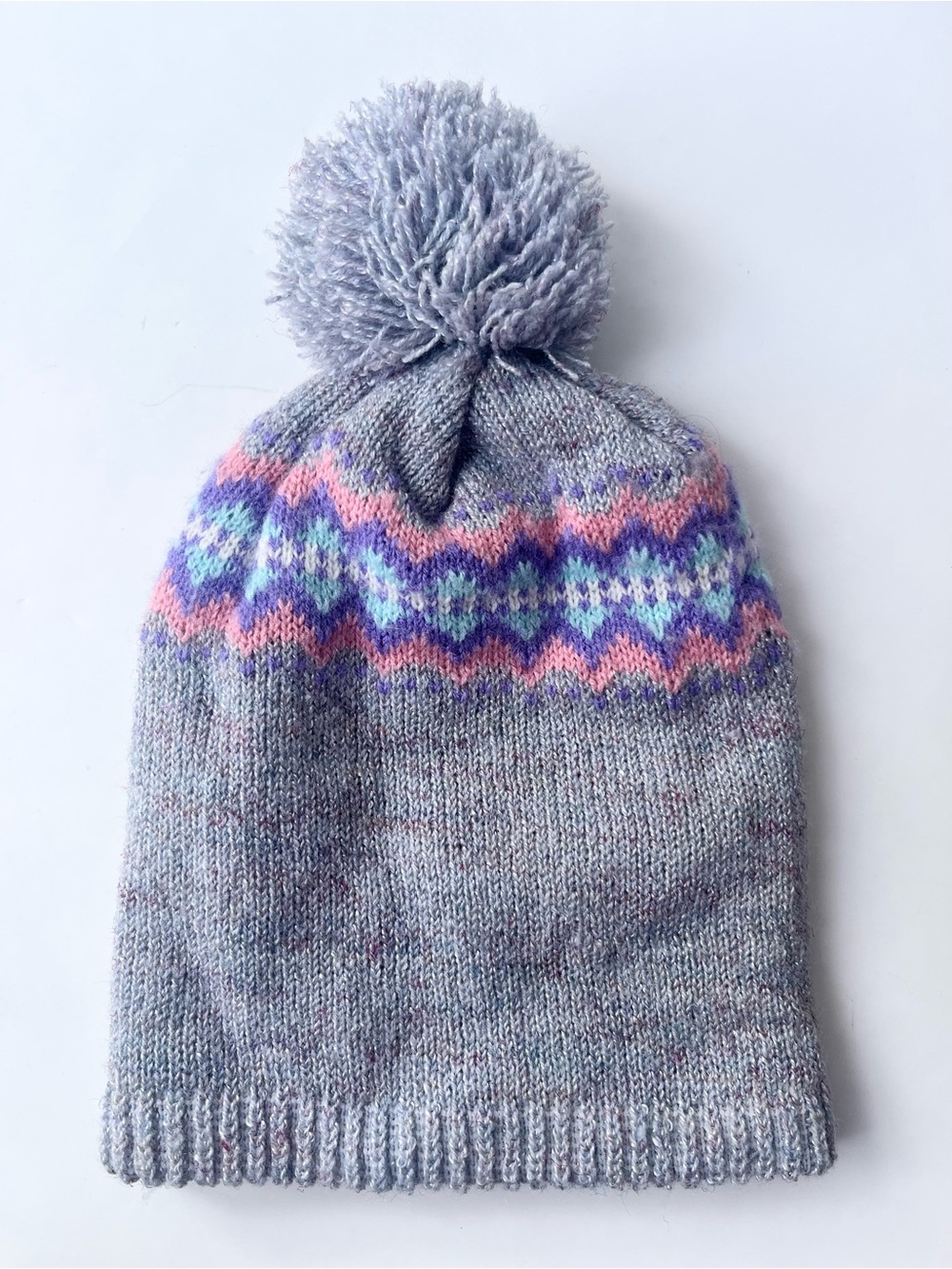 Kids Winter Hat w/ Pom Pom Gray Purple Pink Blue 4-7 Years